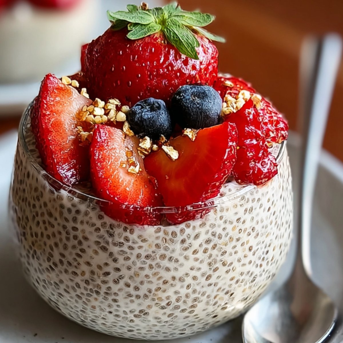 A glass bowl filled with creamy chia seed pudding, beautifully topped with strawberries, blueberries, raspberries, and granola, served with a spoon.