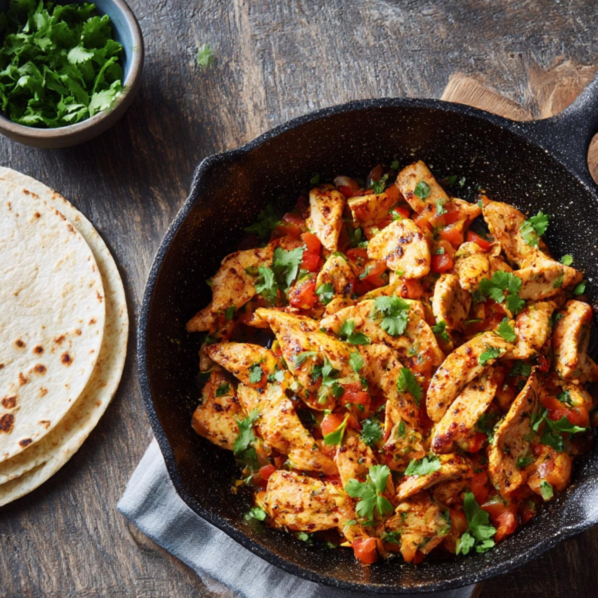 A skillet filled with seasoned grilled chicken strips, diced tomatoes, and cilantro, served alongside warm flour tortillas ready for assembling a crunch wrap.