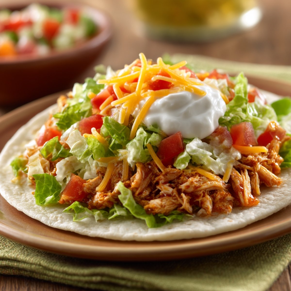 A close-up chicken taco wrap on a plate, topped with shredded cheddar cheese, lettuce, diced tomatoes, and a dollop of sour cream on a flour tortilla.