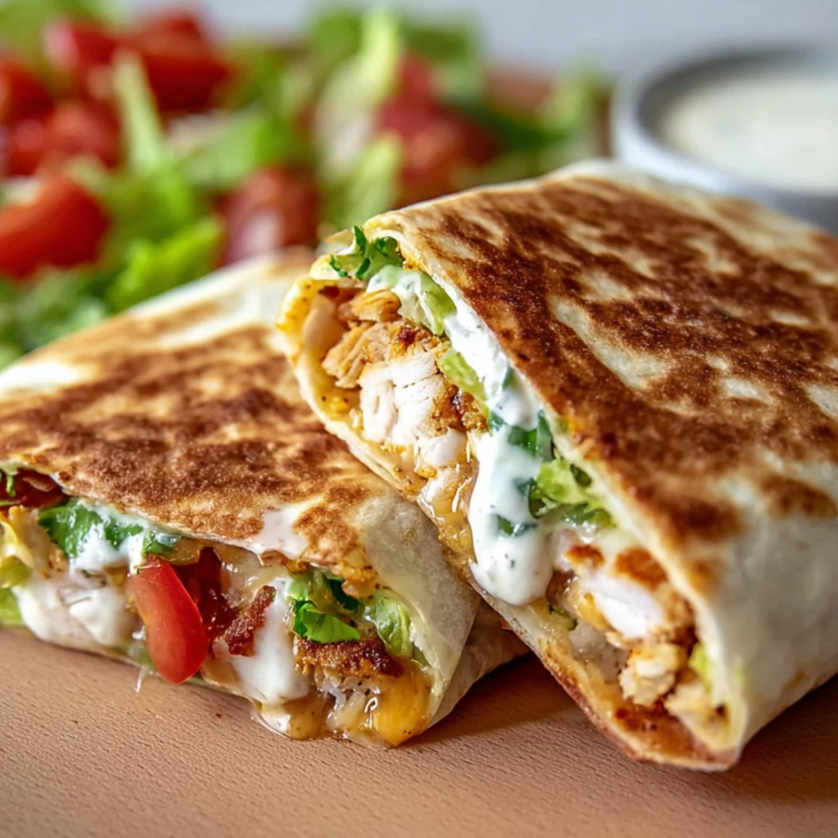 A grilled and folded Chicken Crunch Wrap cut in half, showing juicy chicken, melted cheese, lettuce, tomatoes, and creamy sauce inside a toasted tortilla wrap.