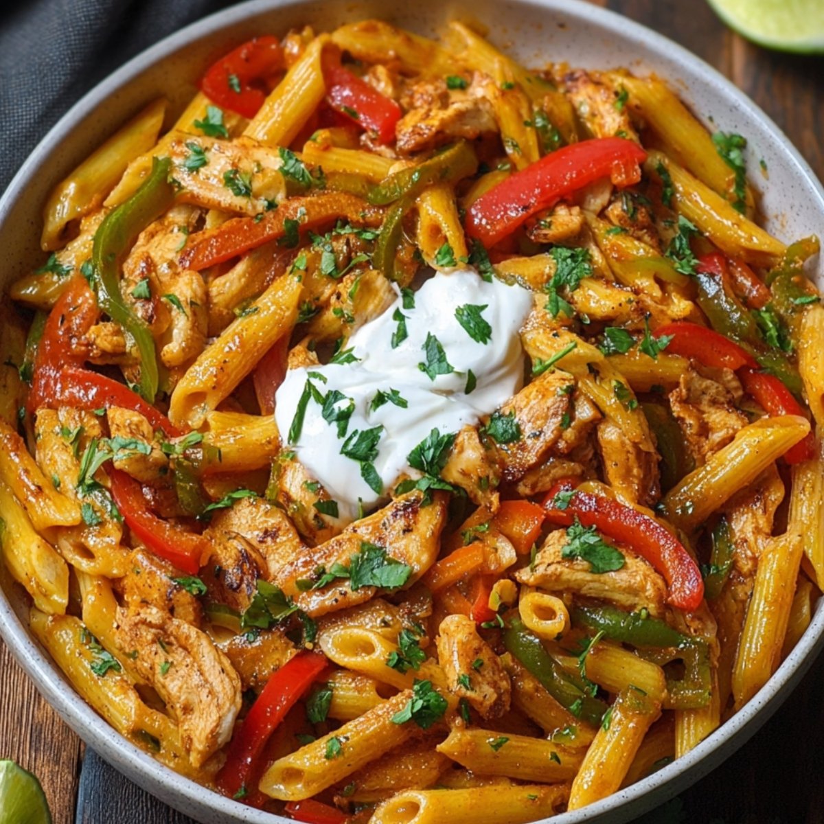 "Finished chicken fajita pasta served in a bowl with penne, sautéed peppers, seasoned chicken, and a dollop of sour cream, garnished with cilantro."