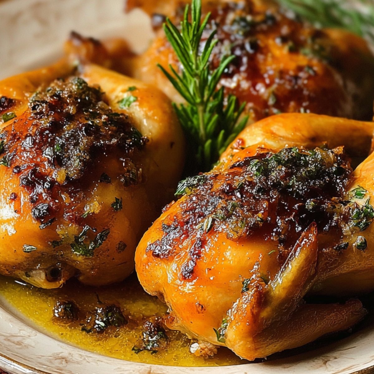 Homemade Cornish Hen Recipe Baked with herb butter and golden roasted skin served in pan juices.