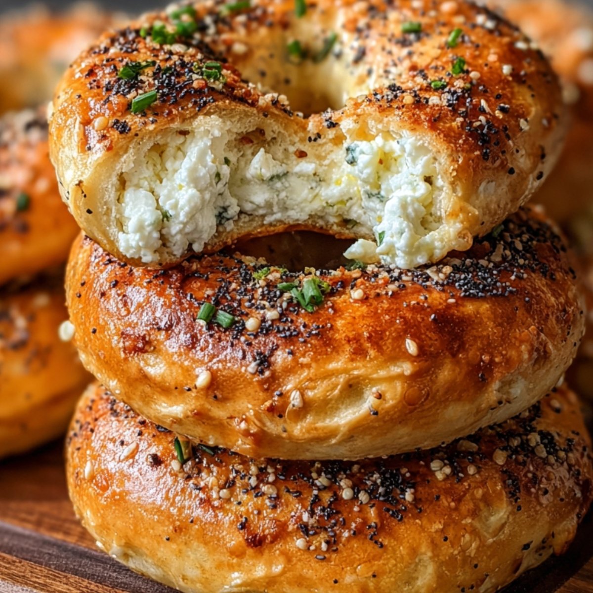 "Stack of golden brown bagels filled with cottage cheese Bagels and topped with sesame and poppy seeds."
