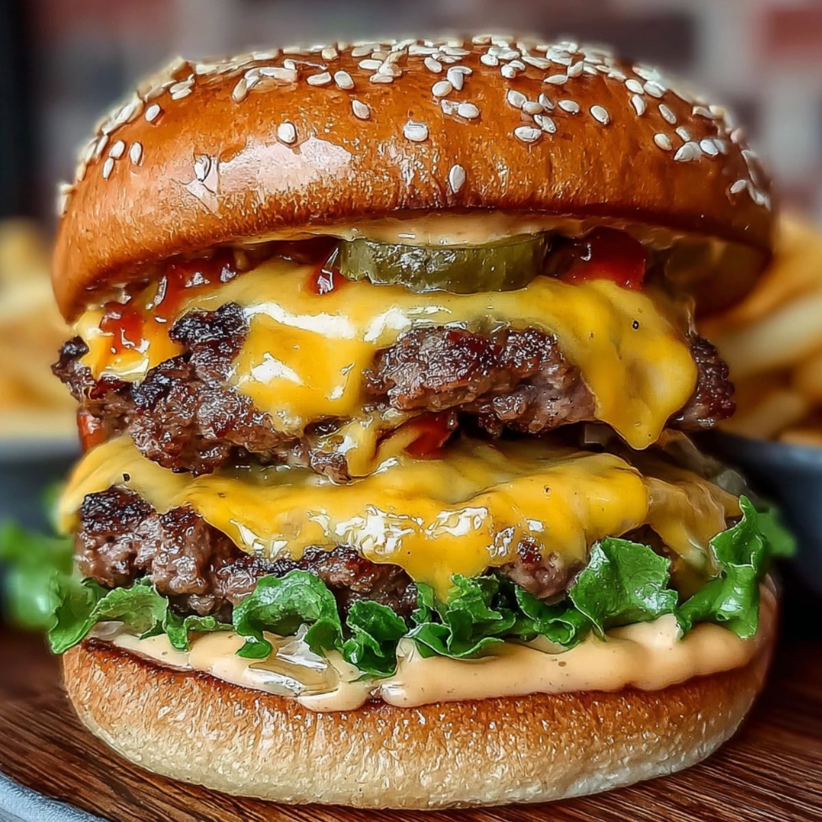 "Double patty Crack Burgers with melted cheddar, lettuce, pickles, burger sauce, and sesame seed bun served with fries."