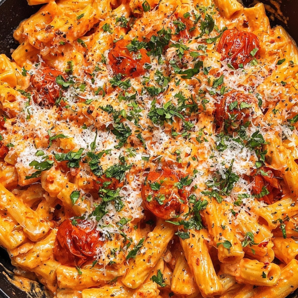 Finished creamy tomato pasta in a skillet, topped with grated cheese, parsley, and roasted cherry tomatoes.