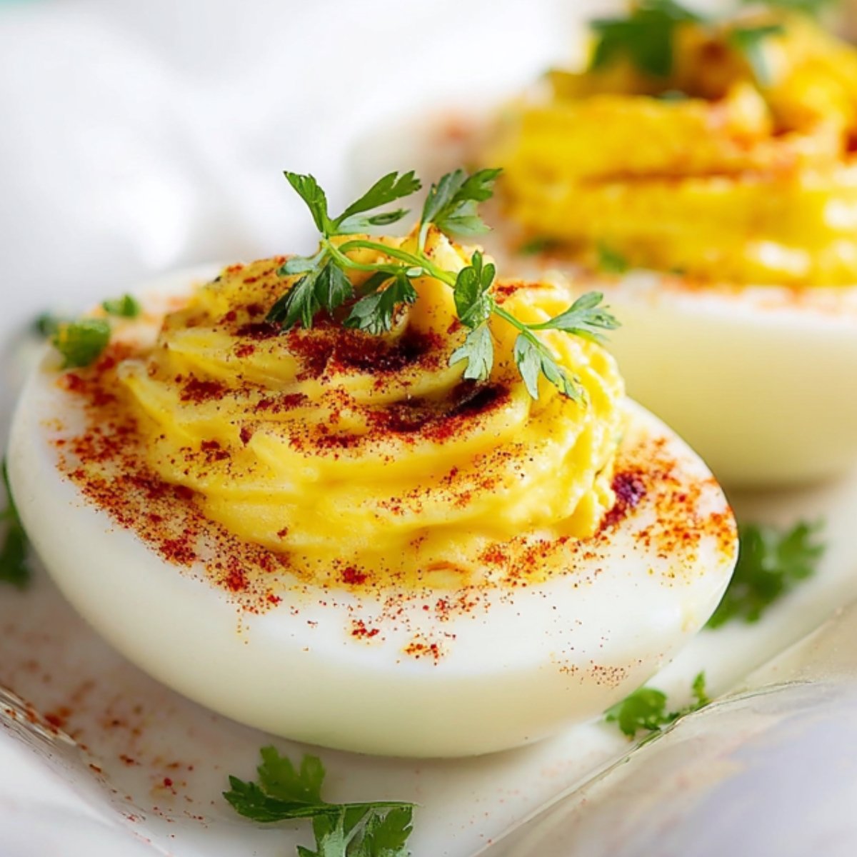 Close-up of deviled eggs recipe best topped with paprika and parsley garnish, arranged on a plate.