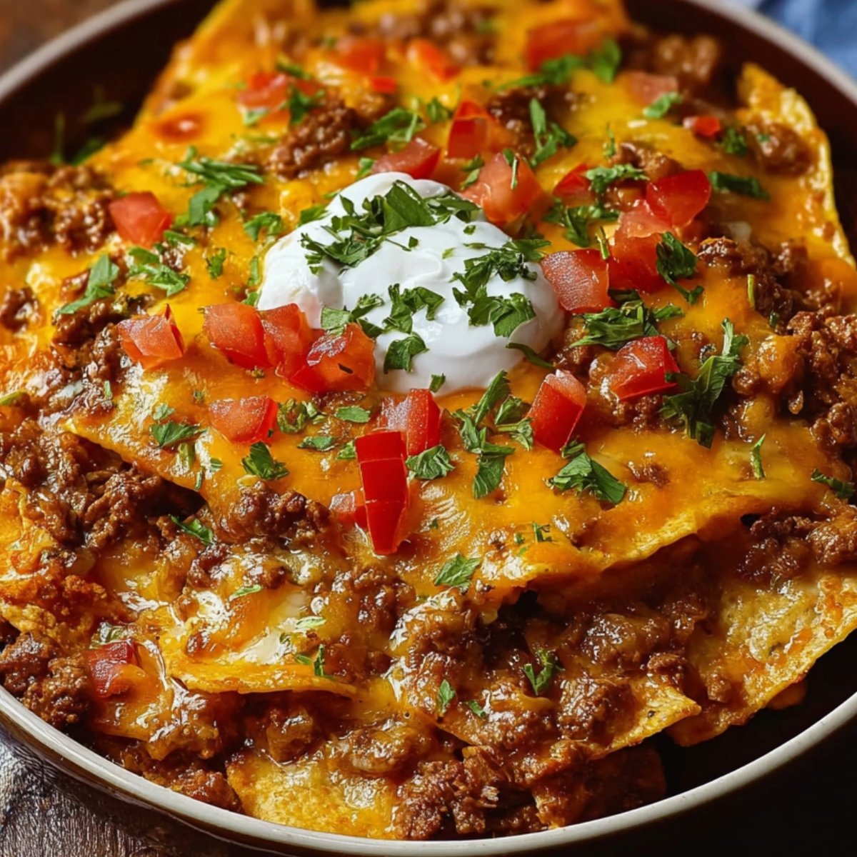 Serving of homemade Dorito casserole topped with melted cheese, diced tomatoes, sour cream, and fresh parsley.