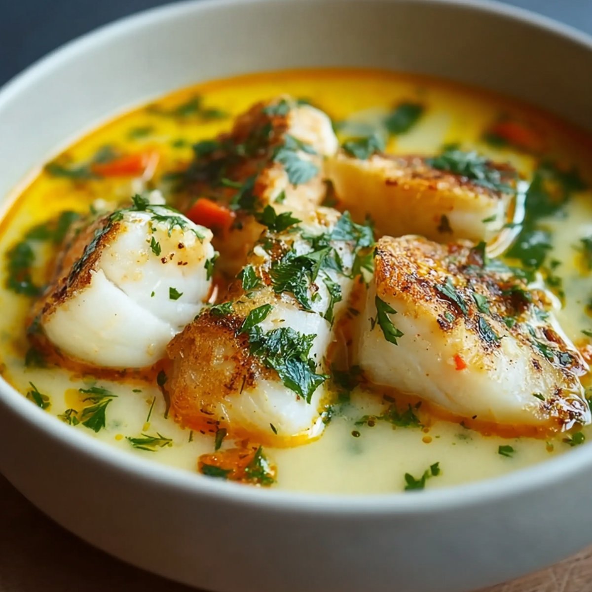 A bowl of creamy fish soup recipe with large golden-seared chunks of fish, carrots, and herbs in a rich broth.