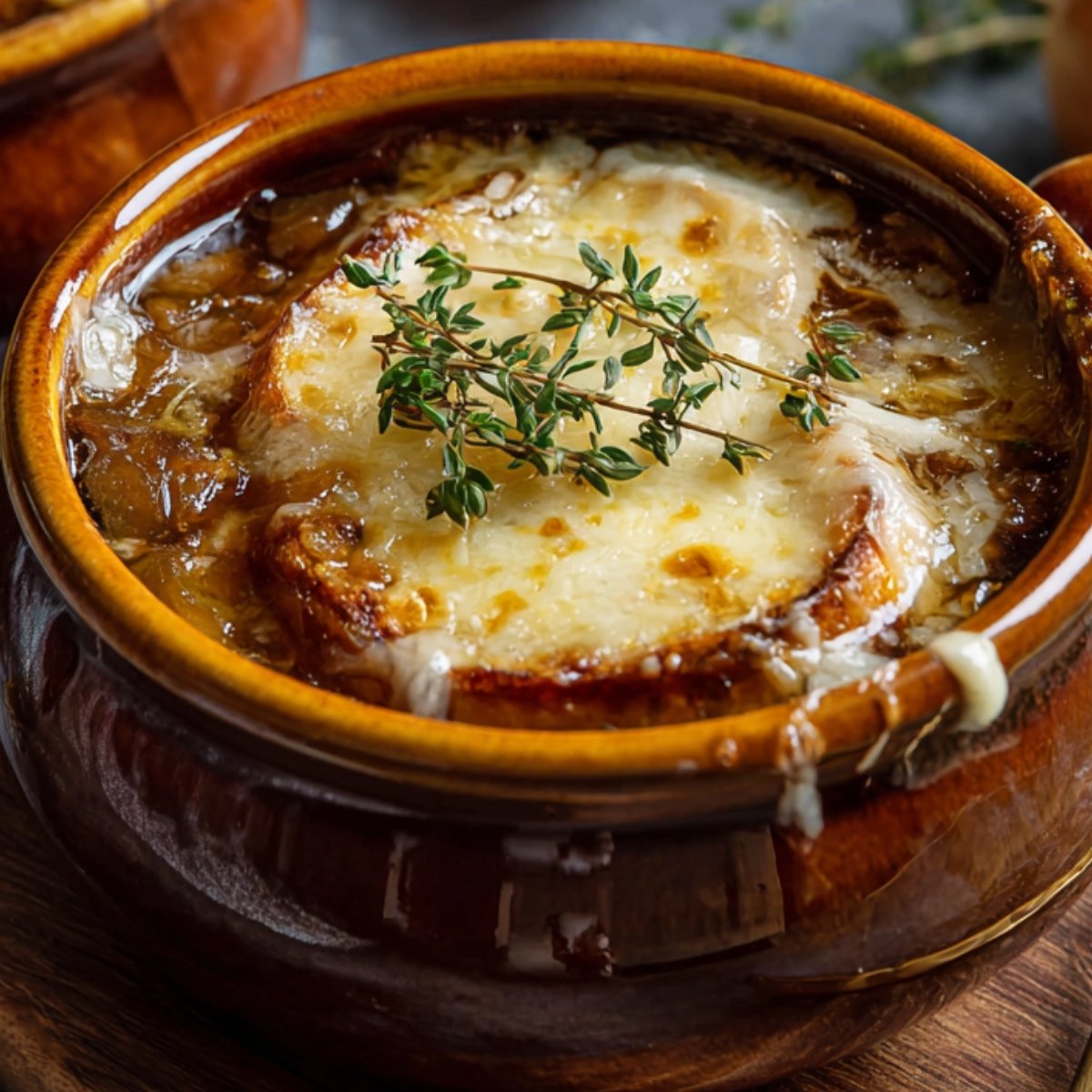 Bowl of homemade French onion soup Recipe topped with toasted bread and melted cheese, garnished with fresh thyme sprig.