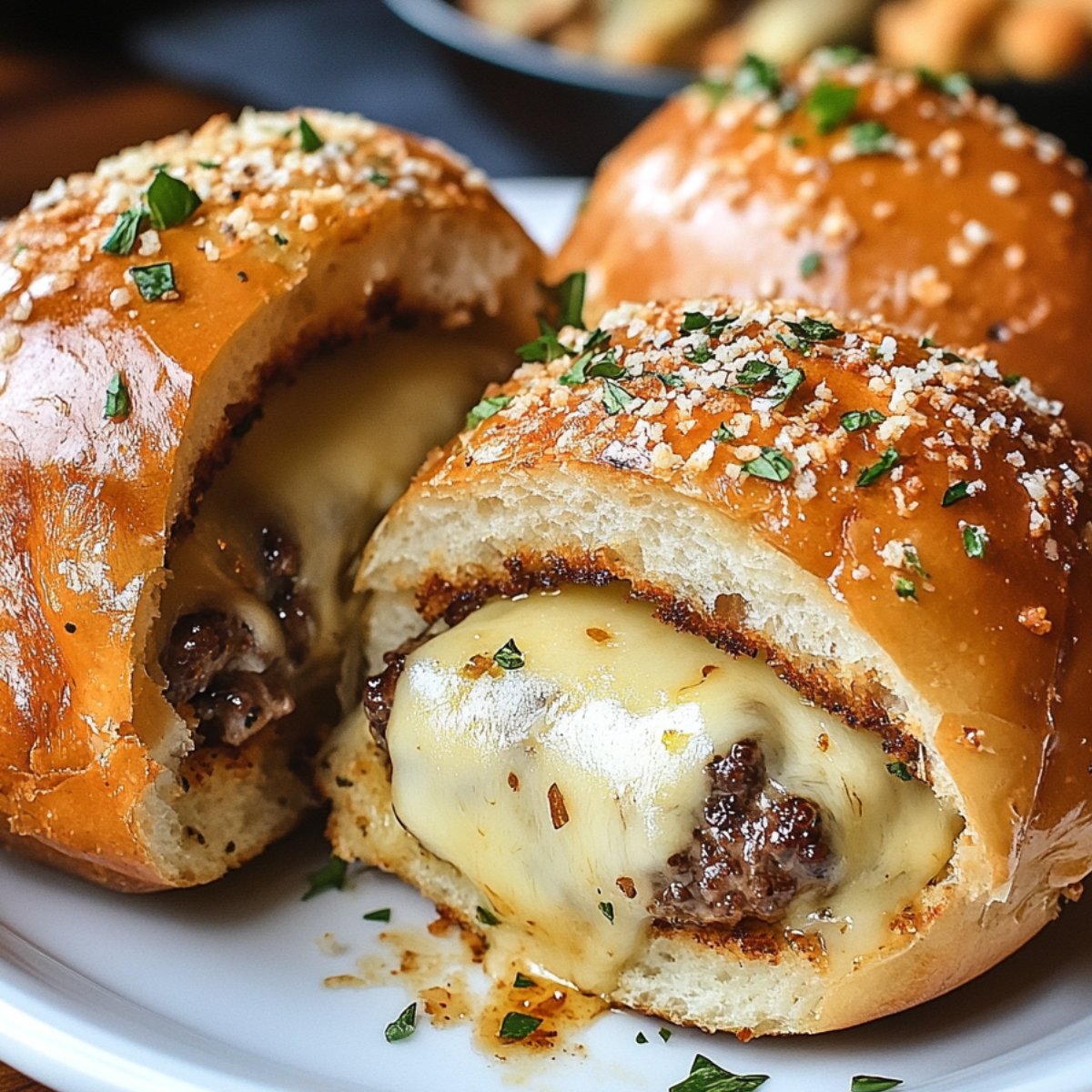 Freshly baked garlic parmesan cheeseburger bombs on a plate, with melted cheese oozing out of the beef filling and sprinkled with herbs and parmesan.
