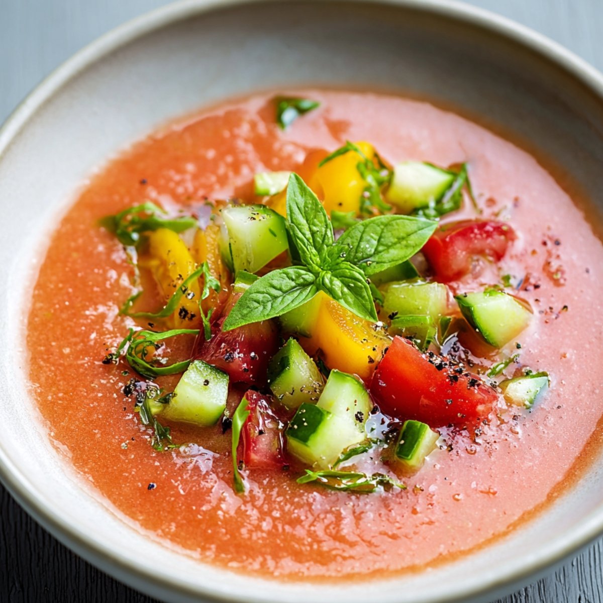 "Chilled gazpacho recipe soup topped with colorful diced vegetables, fresh basil leaves, and a drizzle of olive oil."