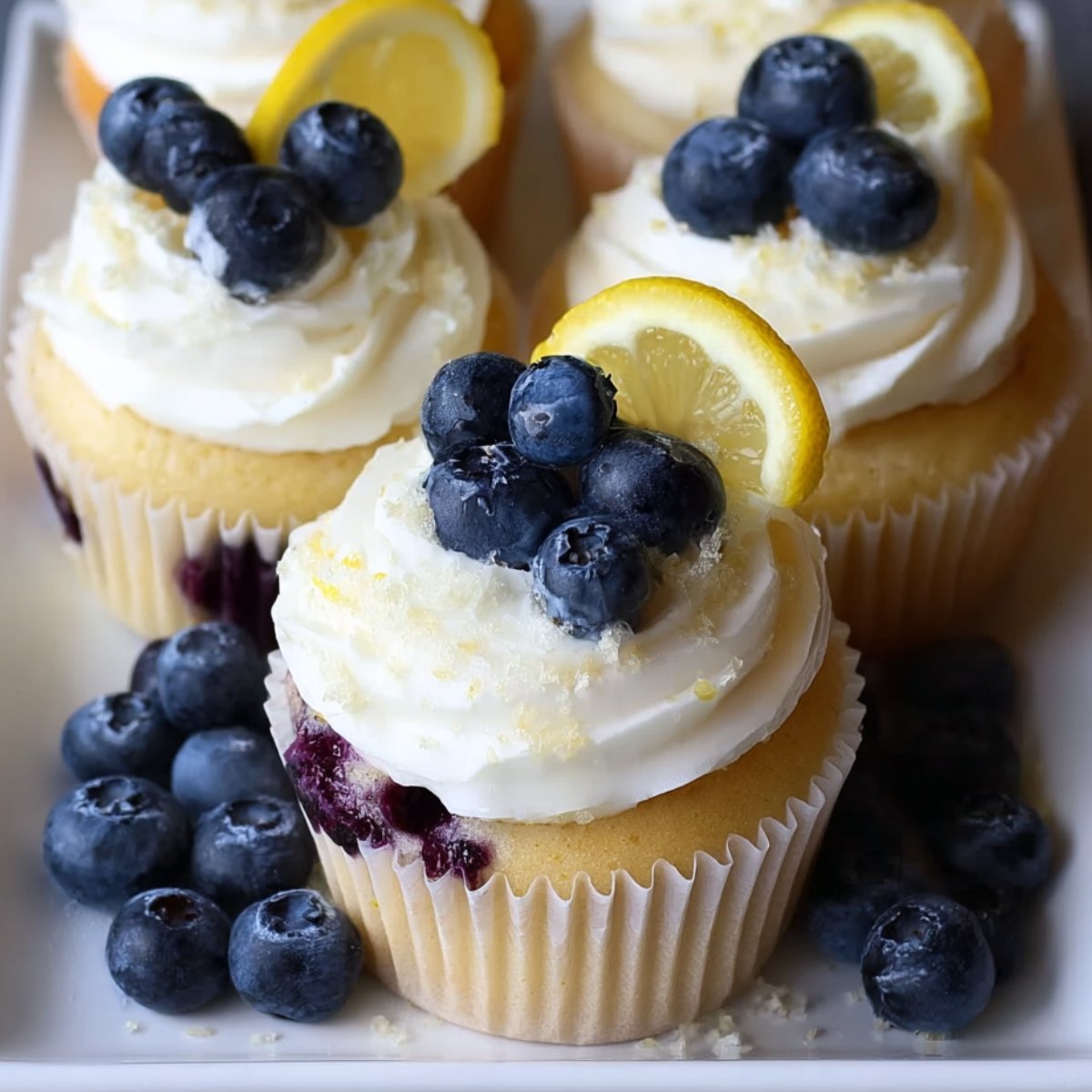 Frosted lemon blueberry cupcakes decorated with fresh blueberries and lemon slices, ready to serve.