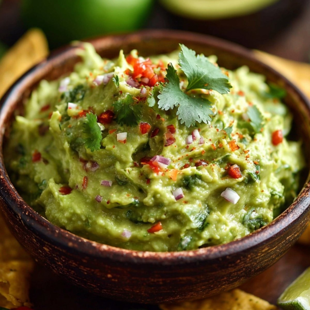 A wooden bowl of guacamole Recipe garnished with cilantro, diced red onion, and chili flakes, served with tortilla chips on the side.
