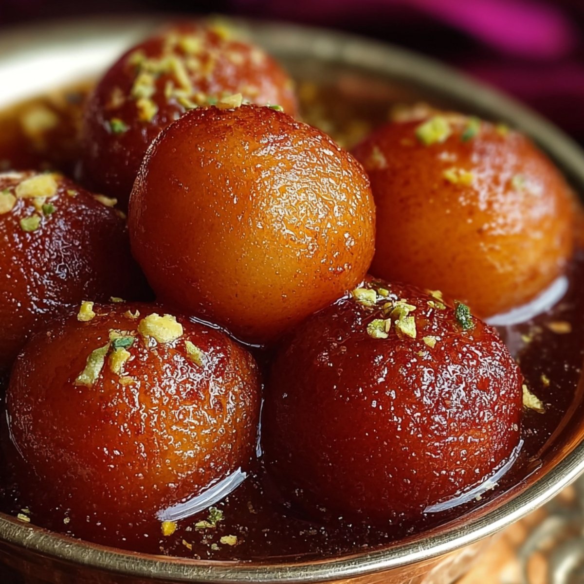 A bowl of finished Gulab Jamuns garnished with crushed pistachios, soaked in syrup, ready to serve.