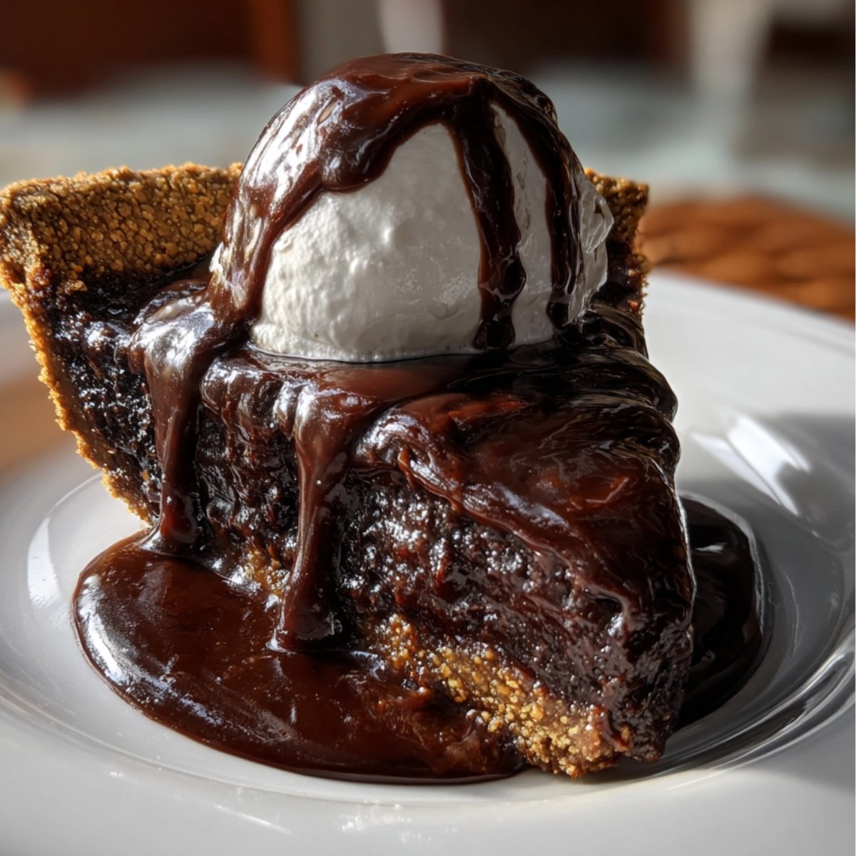 Decadent slice of hot fudge pie topped with a scoop of vanilla ice cream and drizzled with thick chocolate fudge sauce on a white plate.