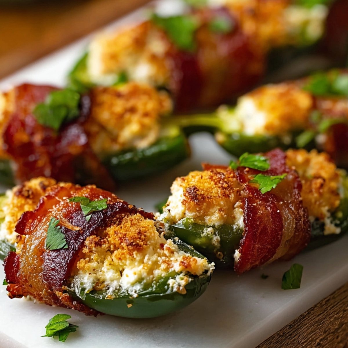 Cooked bacon-wrapped jalapeño poppers topped with golden breadcrumbs and garnished with fresh parsley, served on a white platter.