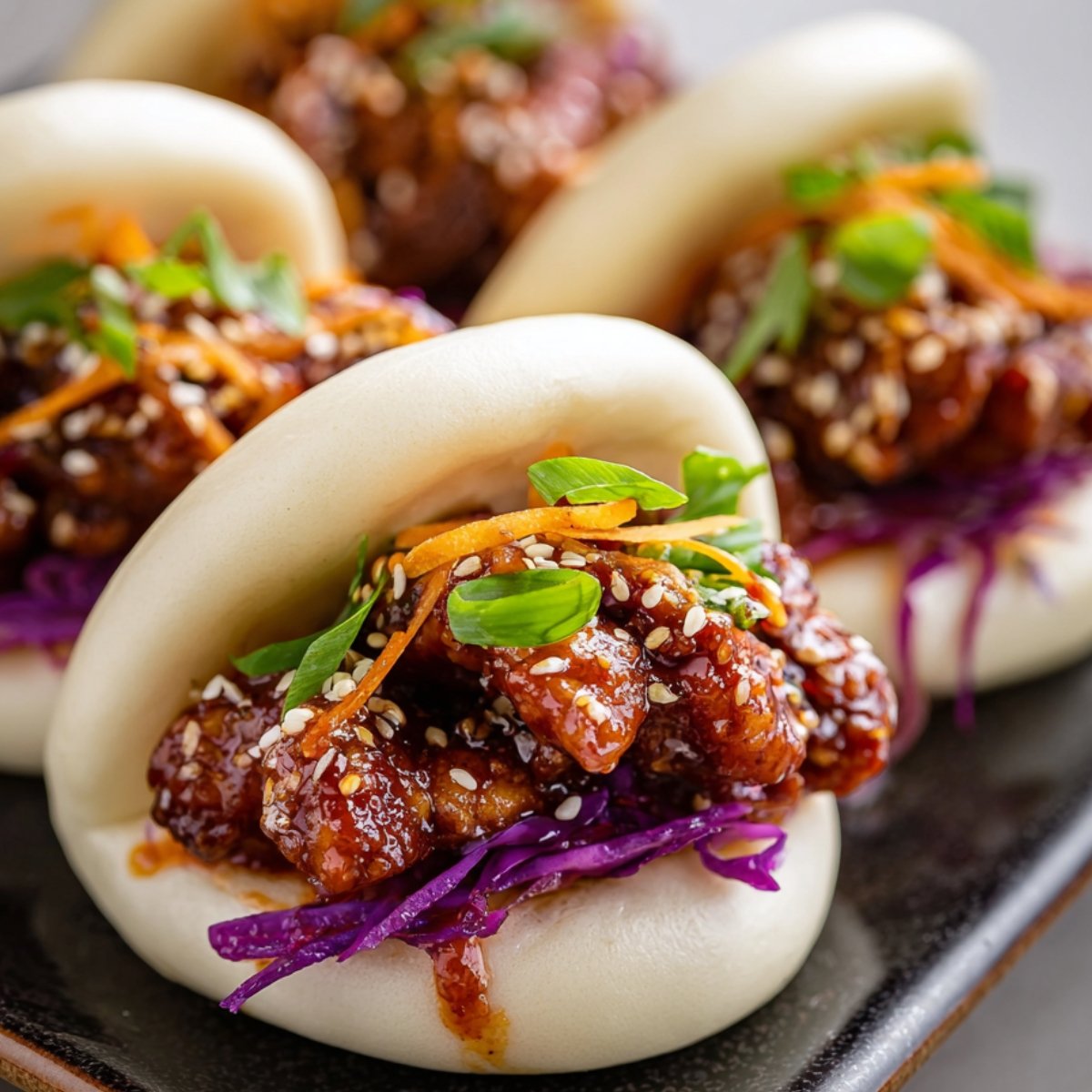 Plate of Korean chicken bao buns filled with sticky chicken, cabbage, carrots, and sesame seeds.