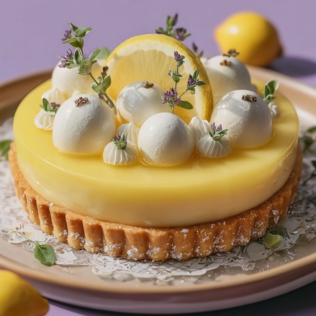 "Decorative lemon tart topped with glossy lemon filling, whipped cream, fresh herbs, and a lemon slice garnish."