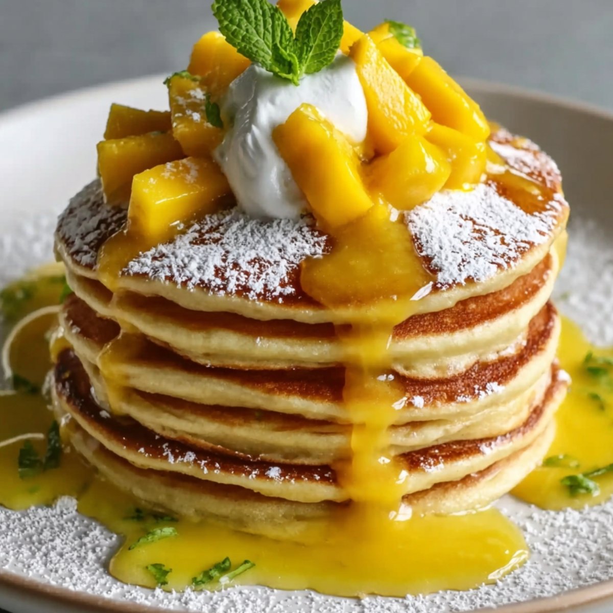 "Rustic style mango pancakes with whipped cream, fresh mango topping, syrup drizzle, and a mint garnish."