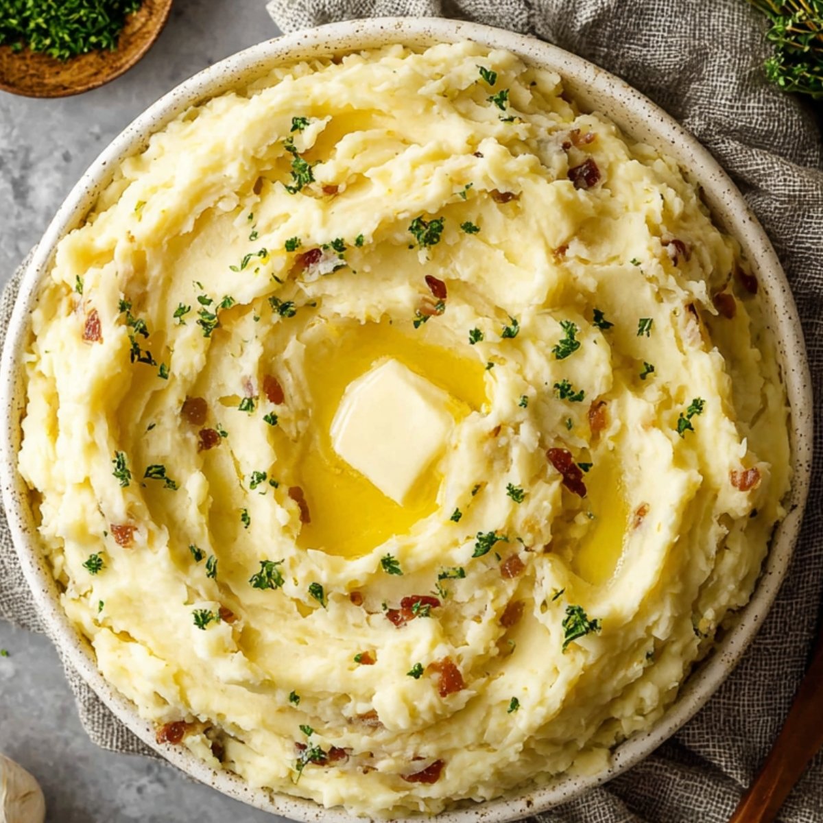 A bowl of mashed potatoes recipe with melted butter in the center and a sprinkle of herbs, possibly with bacon bits.