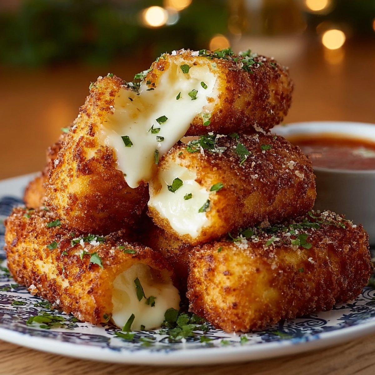 A stack of freshly fried Nashville Hot Mozzarella Sticks on a decorative plate, split open to show gooey melted cheese inside, garnished with herbs and served with marinara dipping sauce.