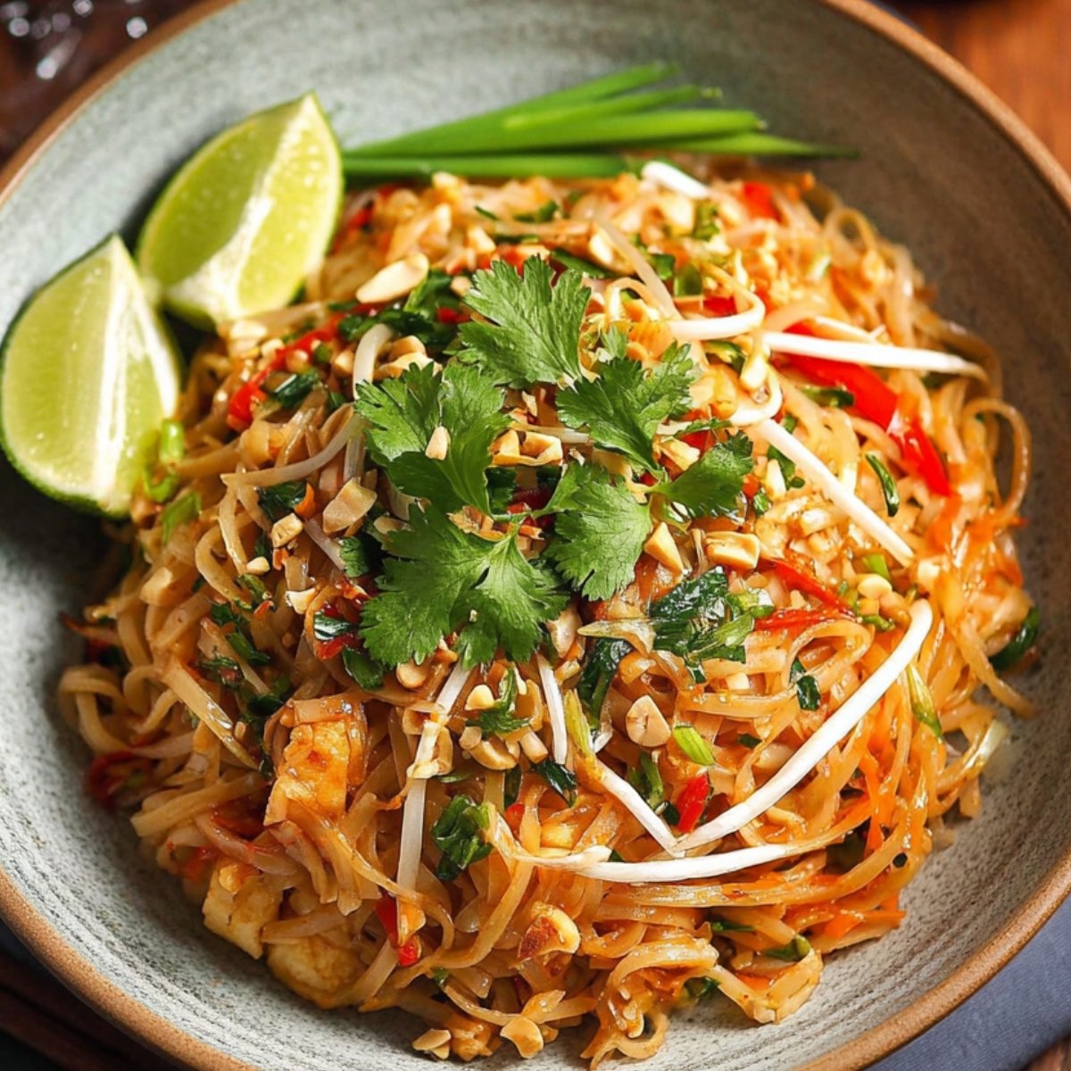 A serving bowl of homemade Pad Thai garnished with cilantro, crushed peanuts, bean sprouts, and lime wedges, ready to eat.