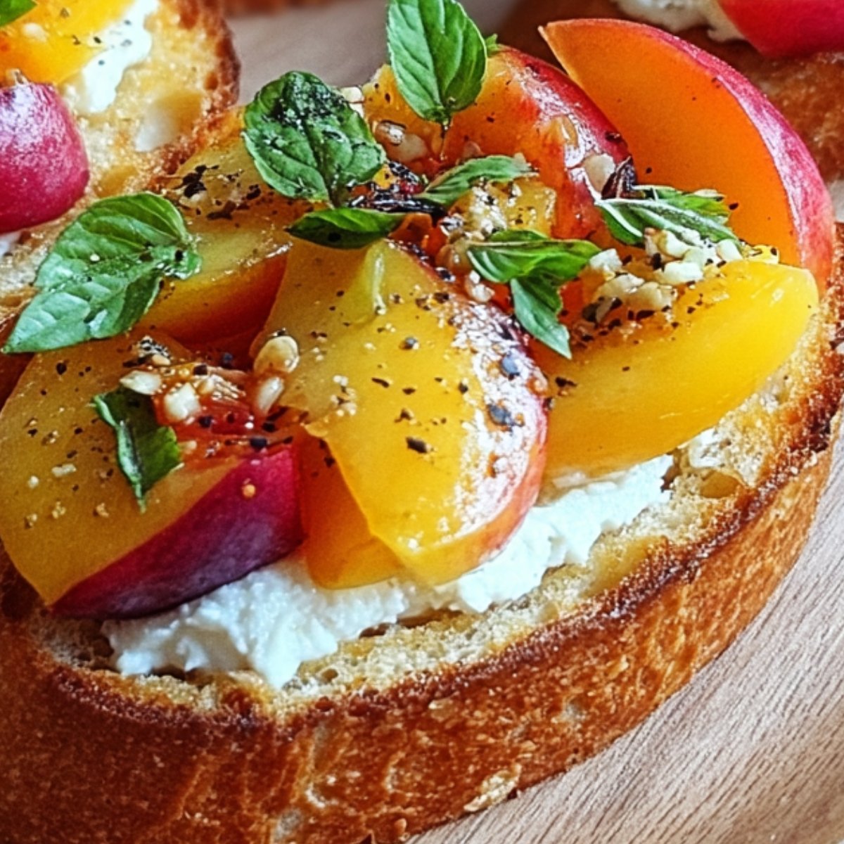 Sliced peaches layered over creamy goat cheese on toasted bread, topped with fresh basil, black pepper, and garlic bits.