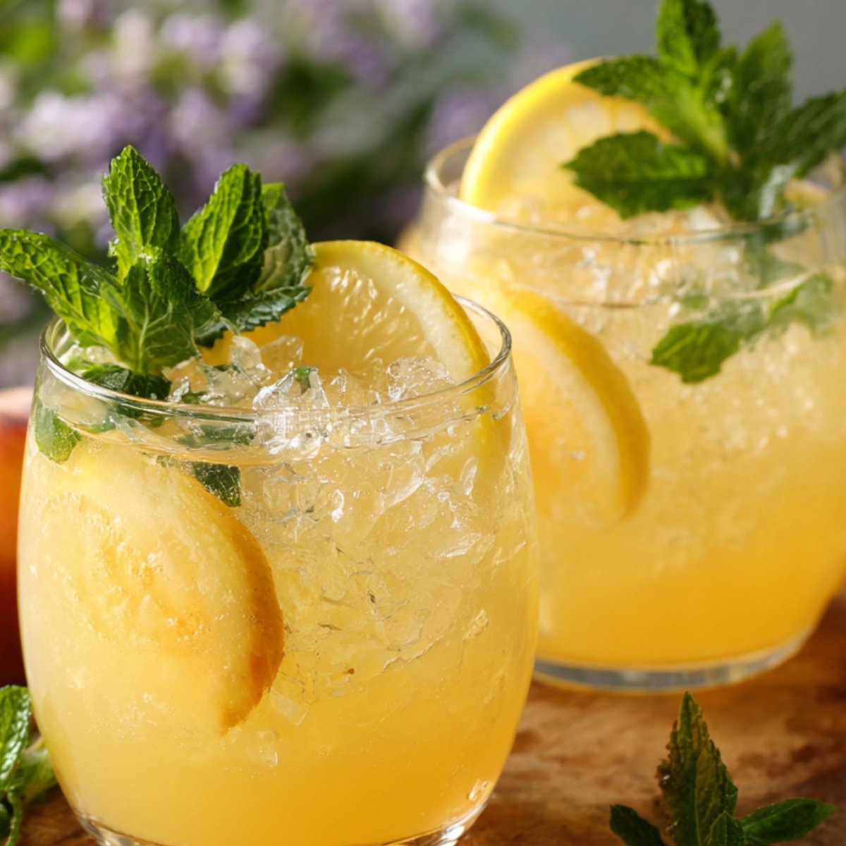 Two glasses of peach lemonade filled with crushed ice, garnished with lemon slices and fresh mint sprigs.
