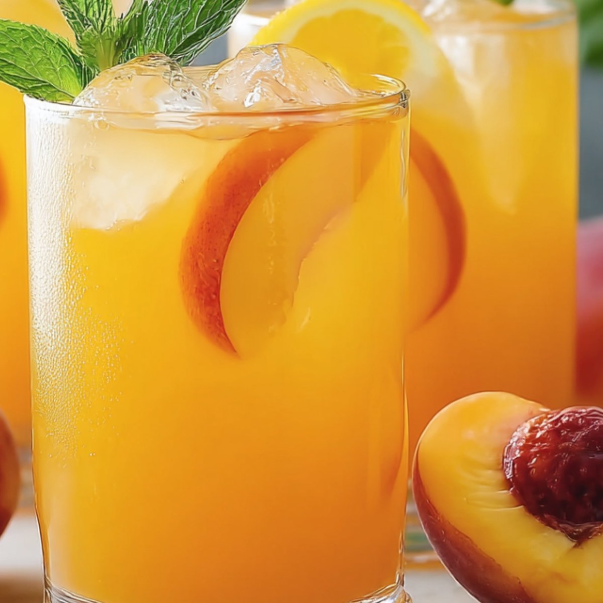 Tall glasses of golden peach lemonade with ice cubes, peach slices, and lemon wedges, garnished with fresh mint leaves.