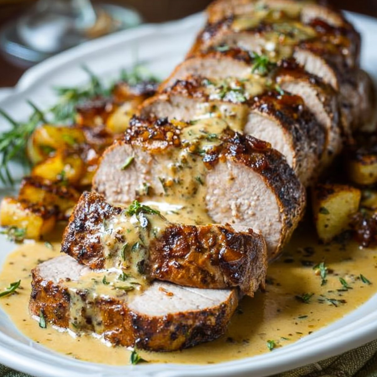 Sliced roasted pork tenderloin recipe drizzled with a creamy herb sauce, served alongside roasted potatoes and garnished with fresh herbs.