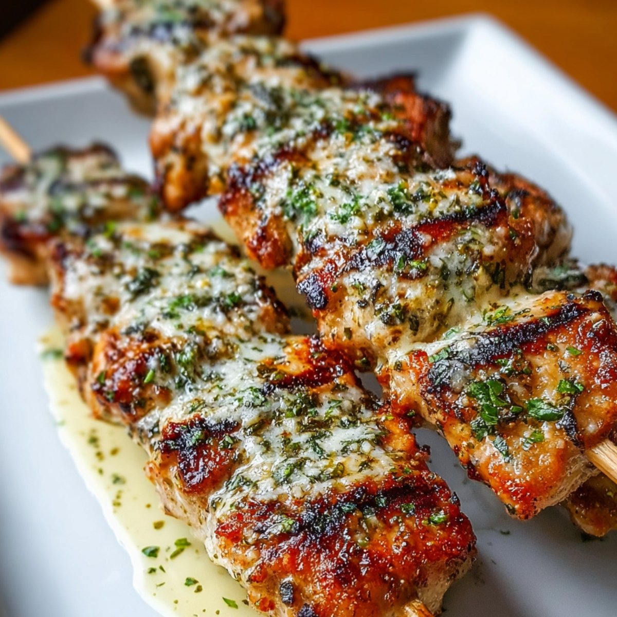Finished grilled chicken skewers served on a white plate, topped with melted parmesan cheese, chopped parsley, and creamy ranch garlic sauce.