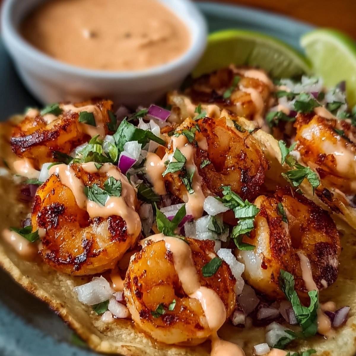Shrimp tacos topped with grilled shrimp, diced onions, cilantro, and drizzled with creamy sauce, served with lime wedges and dipping sauce in the background.