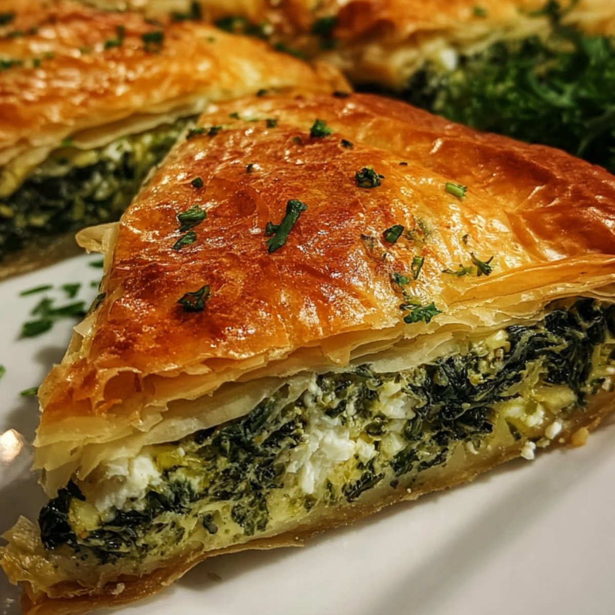 Close-up of golden, flaky baked spinach pie Recipe cut into triangular pieces garnished with fresh parsley.