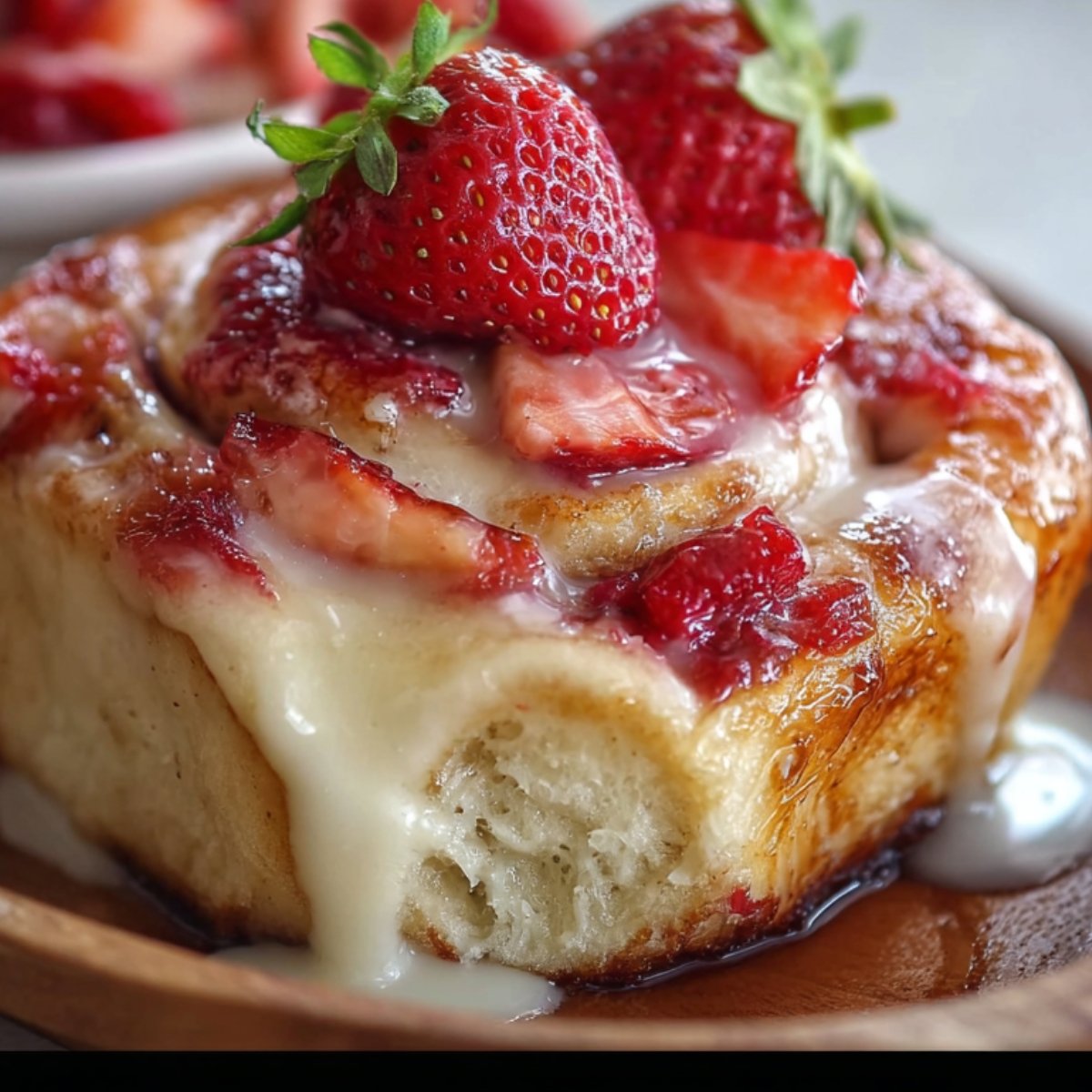 Close-up of a baked Strawberry Cheesecake Cinnamon Rolls topped with melted cream cheese glaze and fresh strawberries on top, oozing filling.