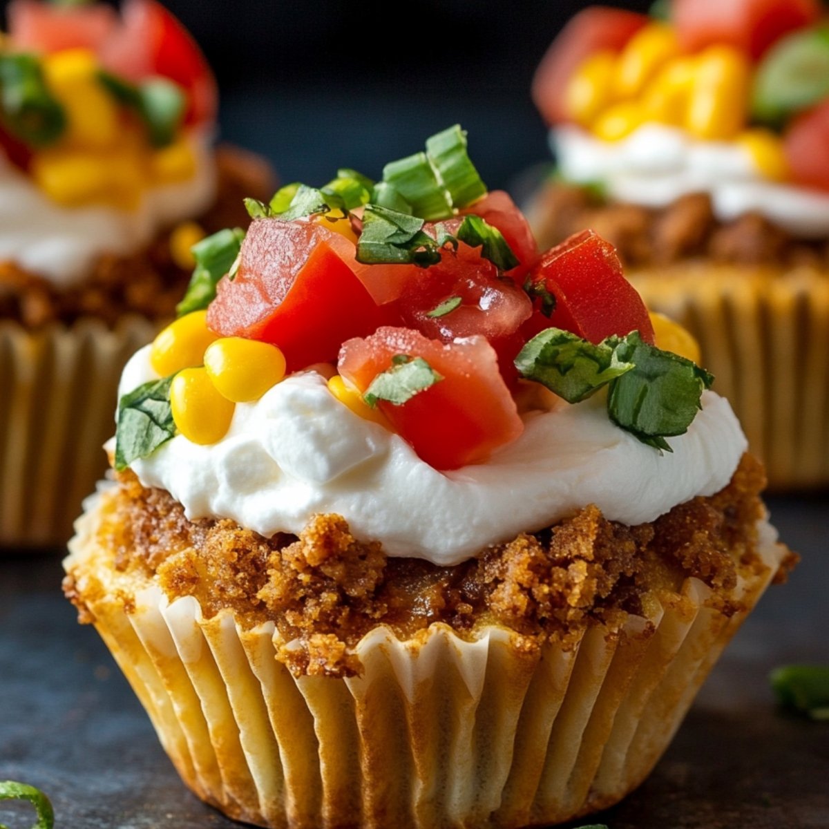 A muffin tin of freshly baked taco Cupcakes with golden brown wonton shells and melted cheese on top.