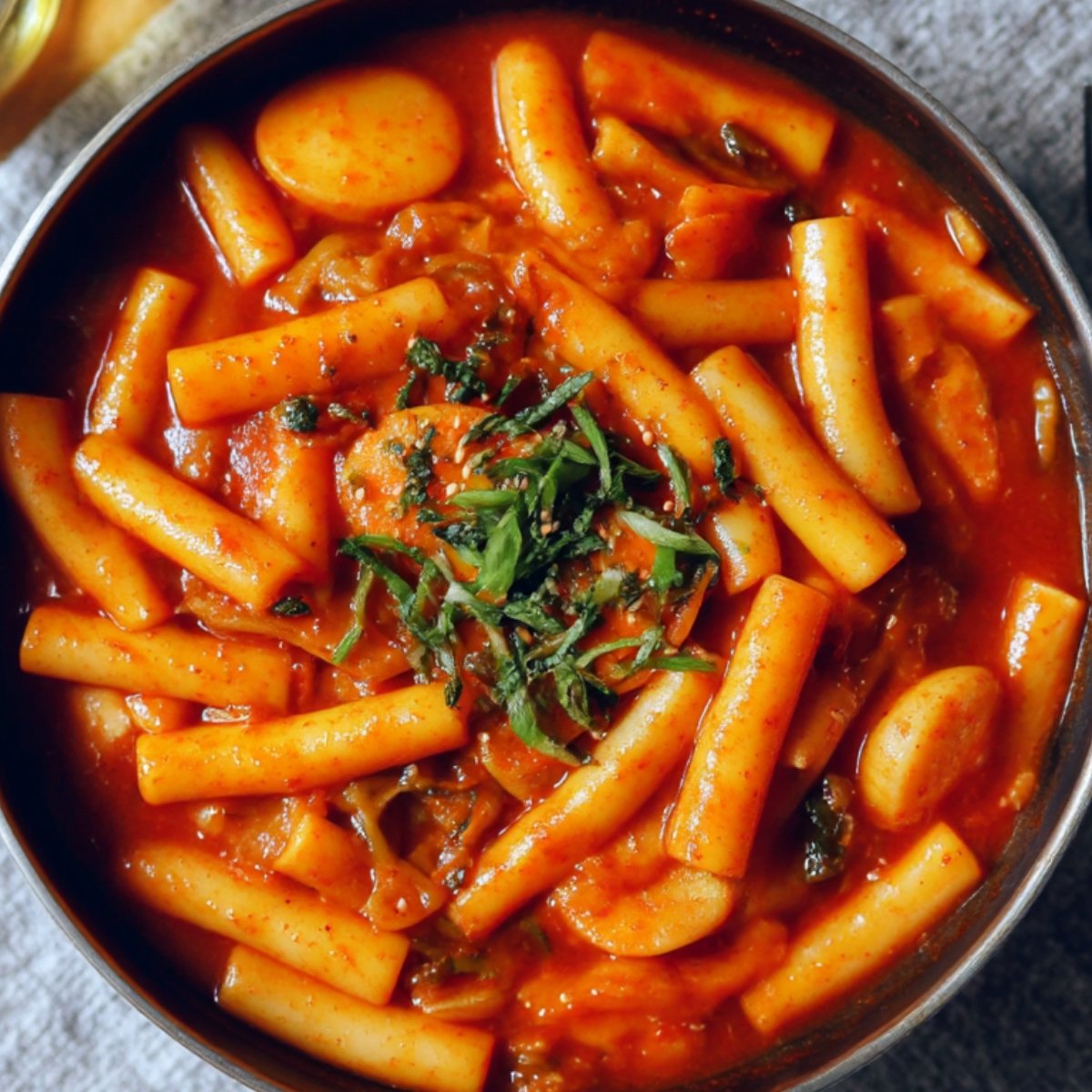 A finished bowl of Tteokbokki recipe with thick, chewy rice cakes immersed in a spicy red sauce, topped with fresh herbs. The dish looks rich and flavorful, with vibrant colors from the sauce and toppings.