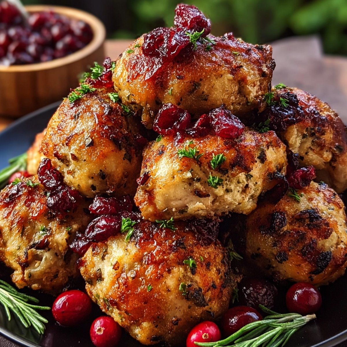 A pile of golden-brown turkey Cranberry meatballs with cranberries, garnished with parsley and rosemary sprigs, served with fresh cranberries on a black plate.
