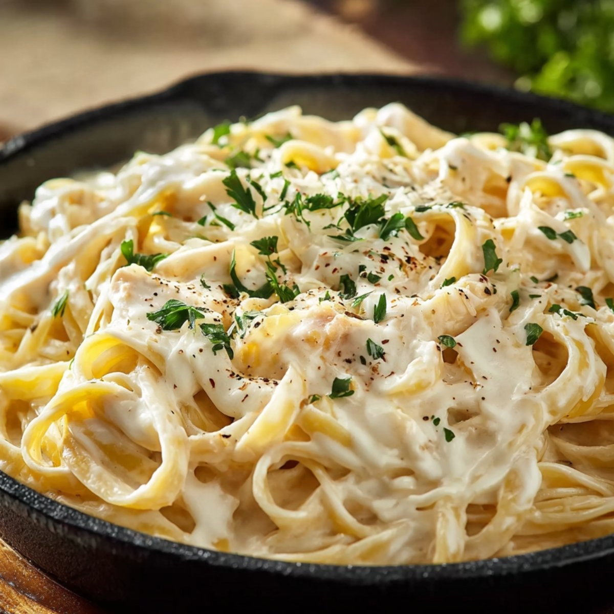 A plate of fettuccine pasta coated in creamy homemade alfredo sauce recipe, garnished with parsley and cracked pepper.