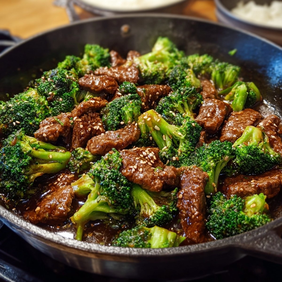 “Homemade beef and broccoli stir fry topped with sesame seeds served in cast iron skillet.”