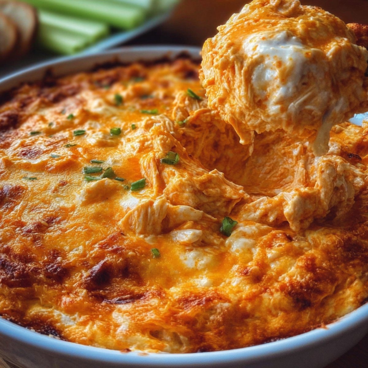 A close-up of a hot, cheesy buffalo chicken dip with a golden brown top, showing a spoonful being lifted, revealing the creamy texture and shredded chicken.