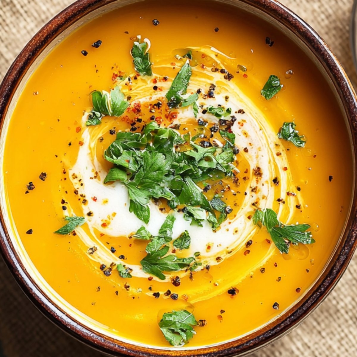 A bowl of silky butternut squash soup topped with cream, chopped parsley, and cracked black pepper.