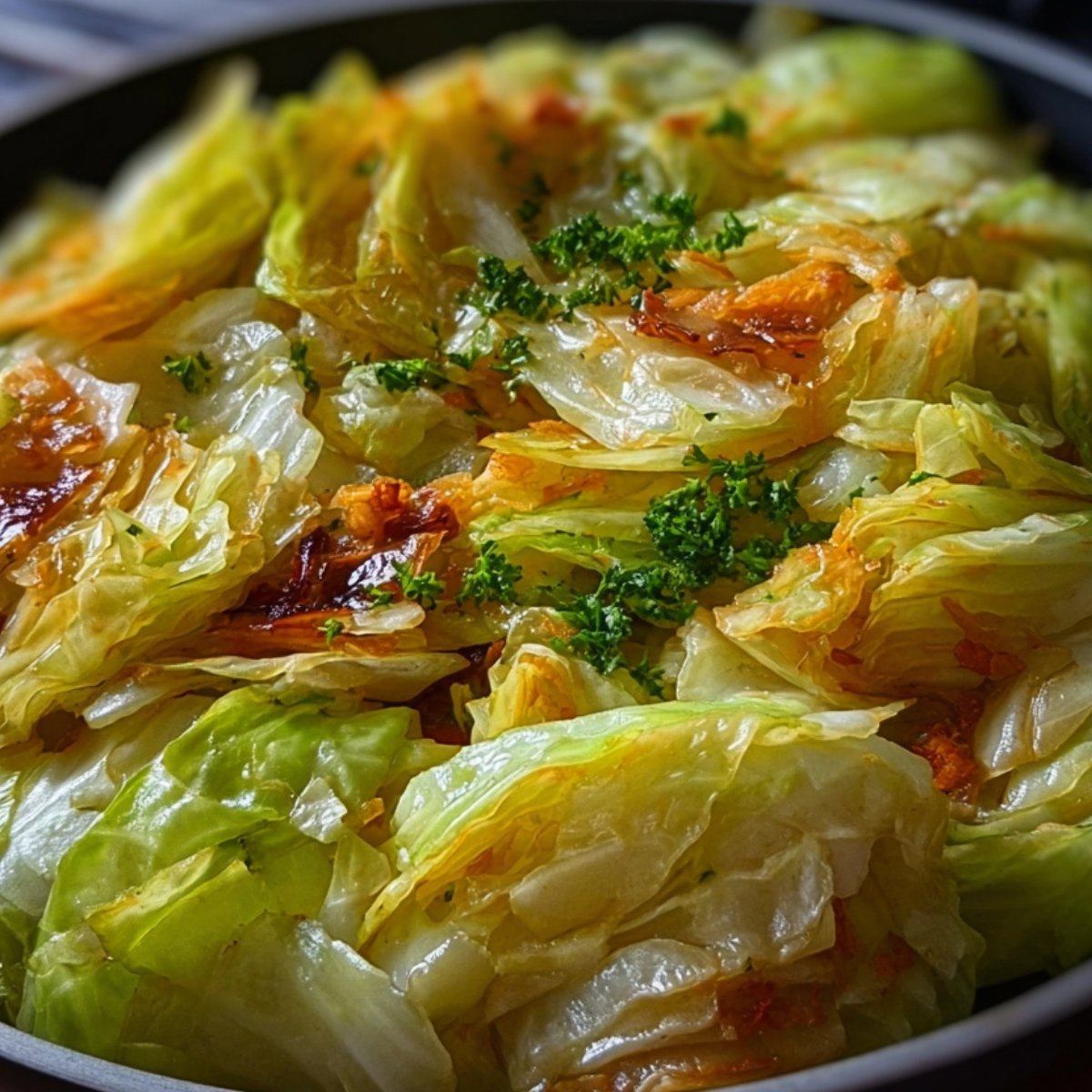 Cabbage recipe cooked to a tender golden brown in a pan, garnished with fresh parsley.
