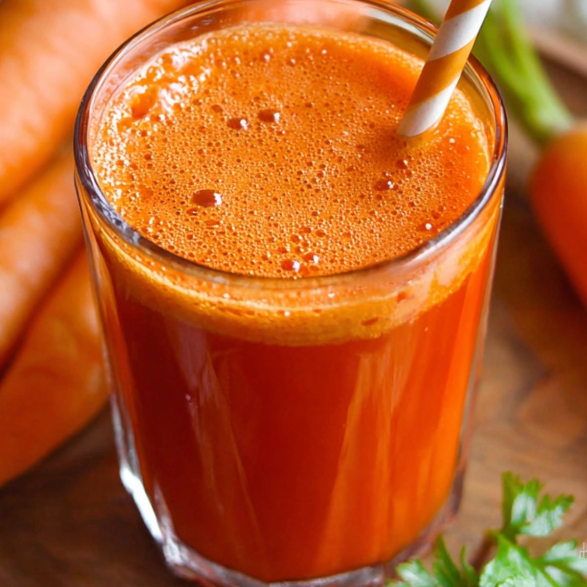 A close-up of a glass filled with fresh carrot juice recipe, topped with light foam and a striped orange-and-white straw, with whole carrots and parsley visible in the background.