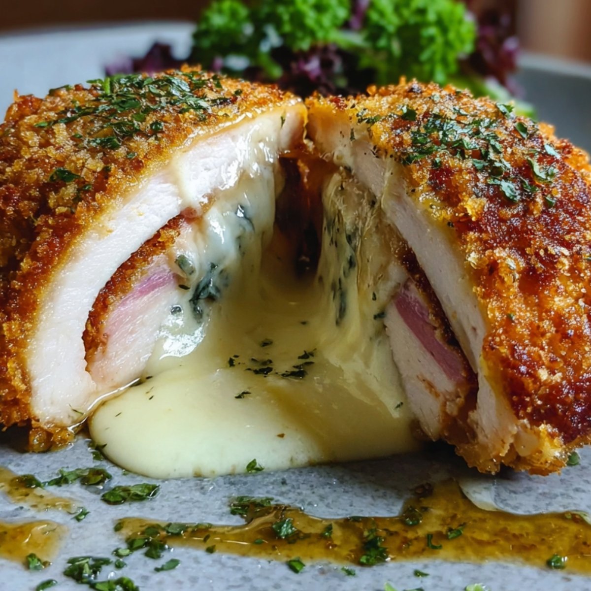 Crispy golden chicken cordon bleu cut open to reveal melted cheese and ham filling oozing out.