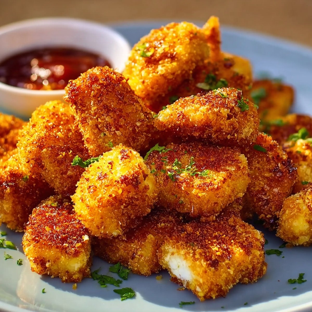 A plate of golden, crispy chicken nuggets garnished with chopped parsley, served with a side of dipping sauce in a small bowl.