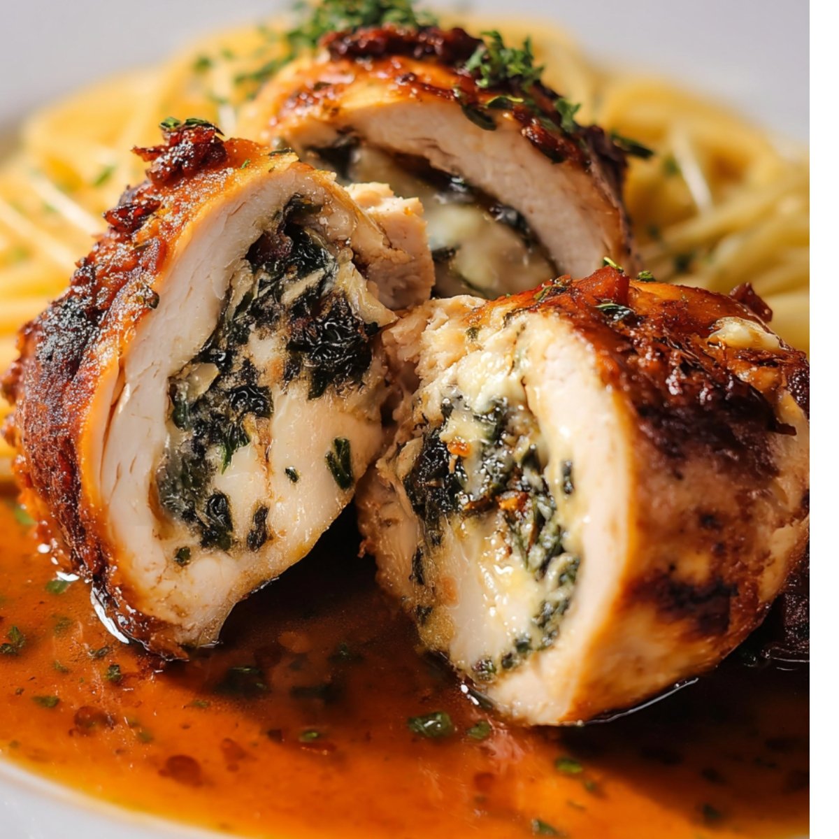 Sliced chicken rollatini served with pasta, stuffed with spinach and melted cheese in a tomato-based sauce.