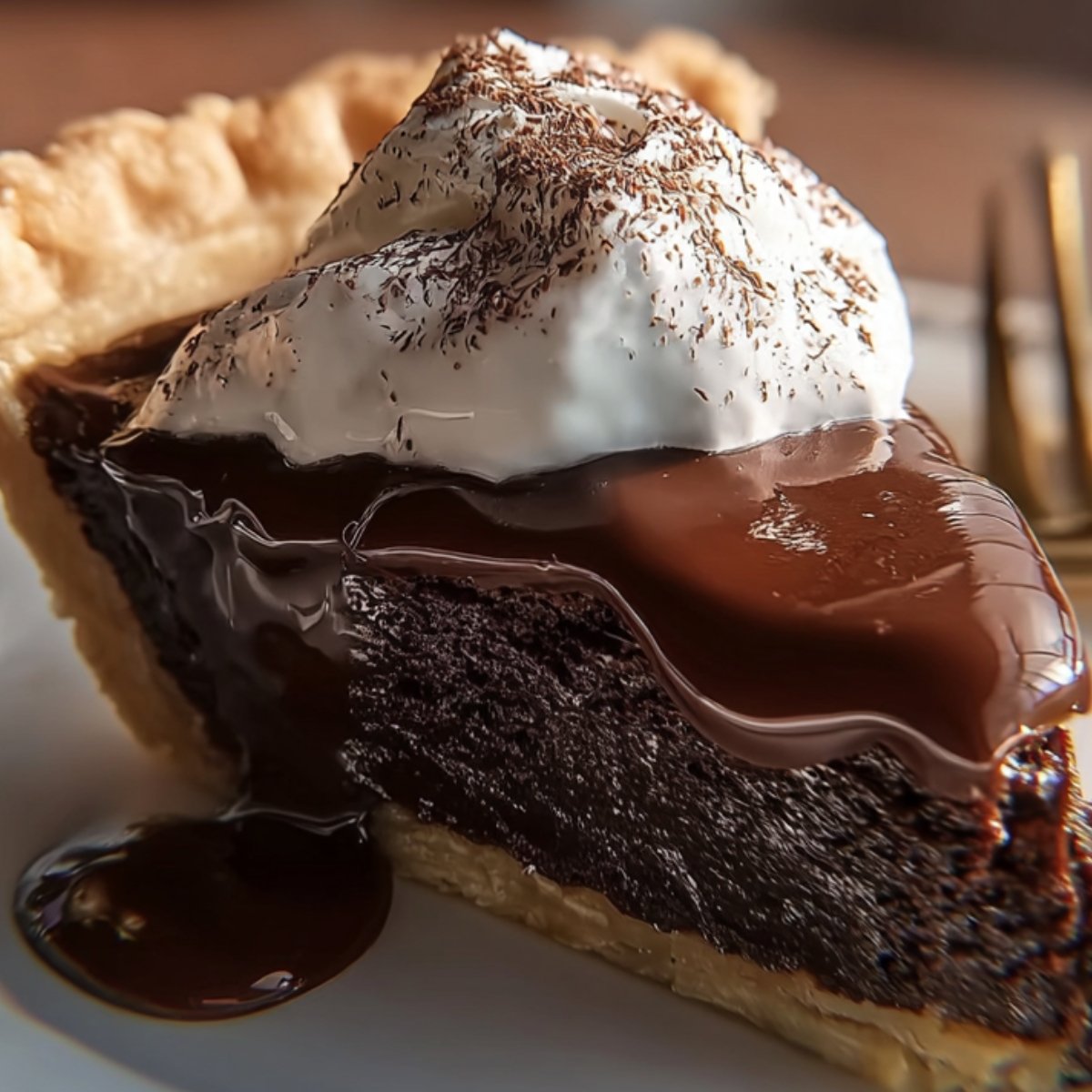 A decadent slice of chocolate pie topped with whipped cream and chocolate dusting, served with extra chocolate sauce on plate.