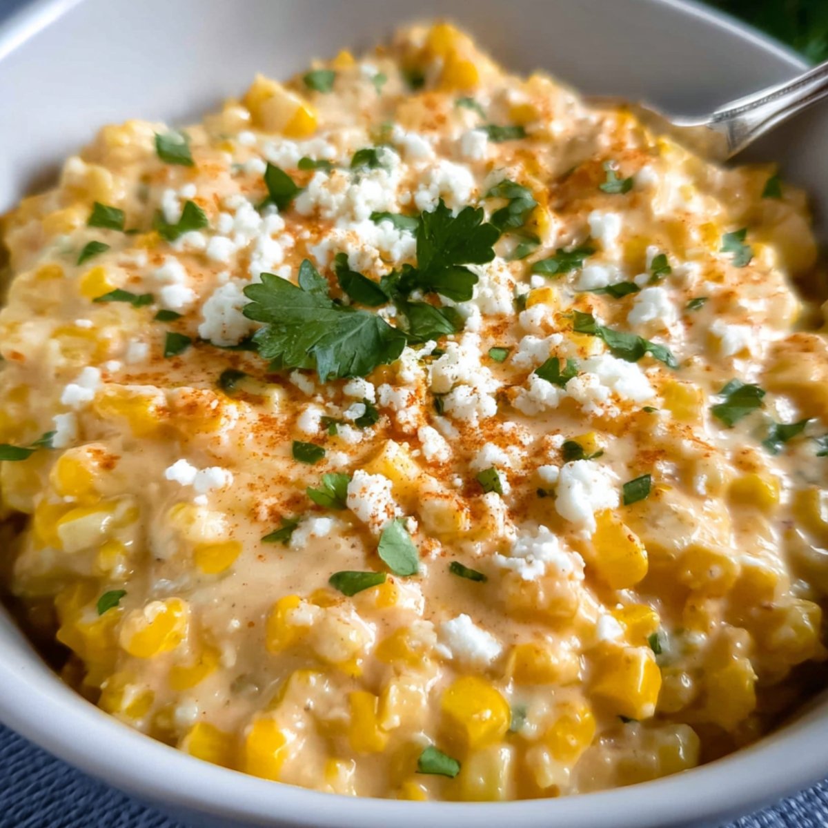 A serving bowl of Cream Corn Recipe topped with crumbled cheese, paprika, and fresh parsley garnish.