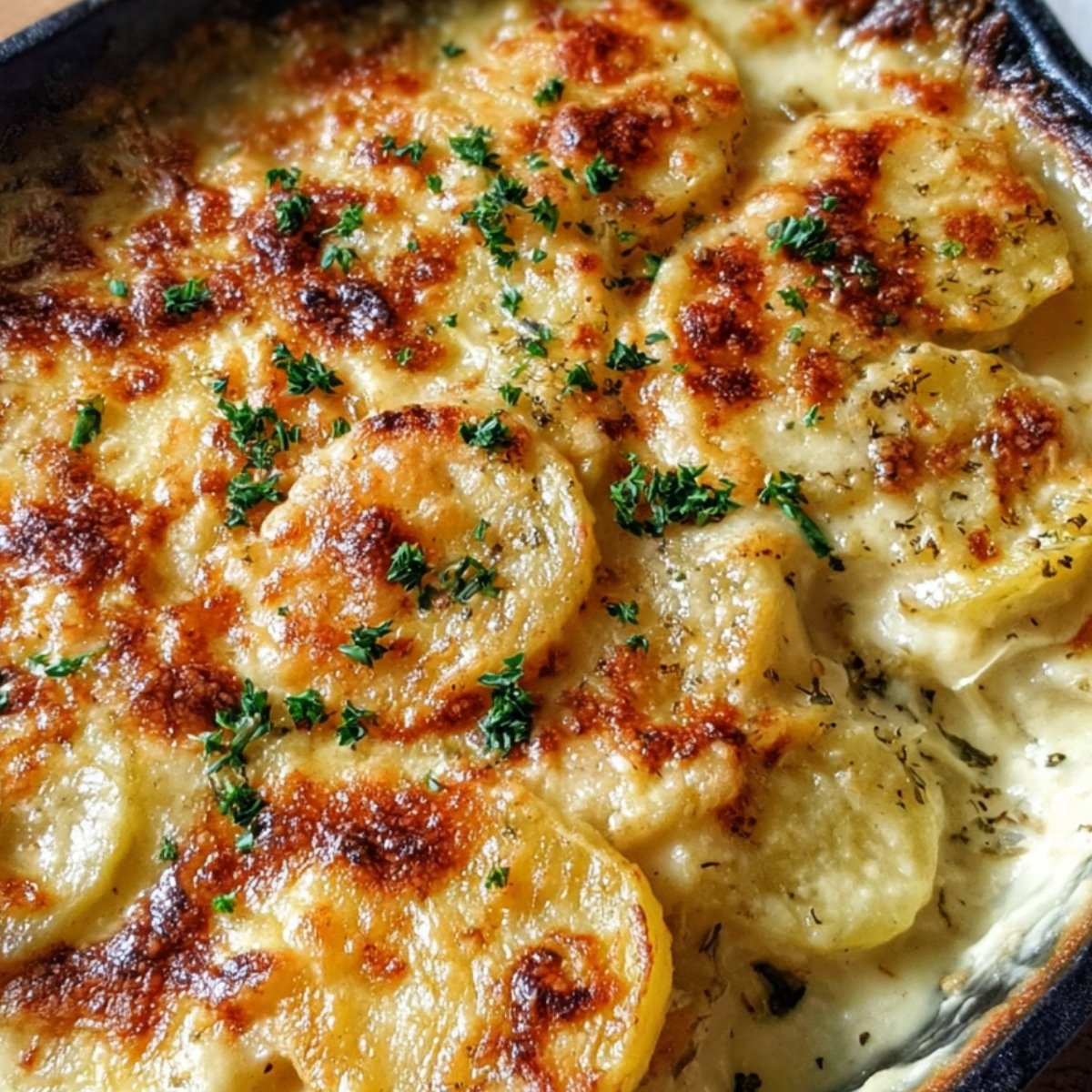 "Freshly baked creamy au gratin potatoes in a skillet, featuring golden crispy cheese topping and garnished with parsley."