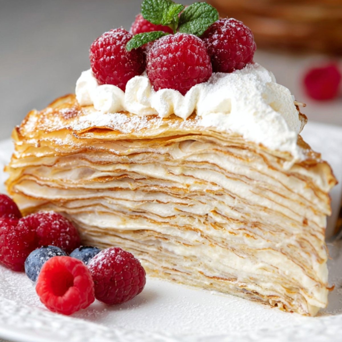 A slice of crepe cake recipe showing multiple thin layers with cream, topped with raspberries, whipped cream, and powdered sugar, served with fresh berries.